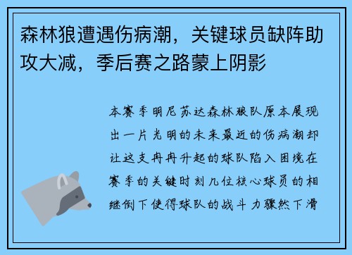 森林狼遭遇伤病潮，关键球员缺阵助攻大减，季后赛之路蒙上阴影