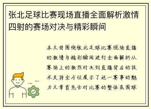 张北足球比赛现场直播全面解析激情四射的赛场对决与精彩瞬间